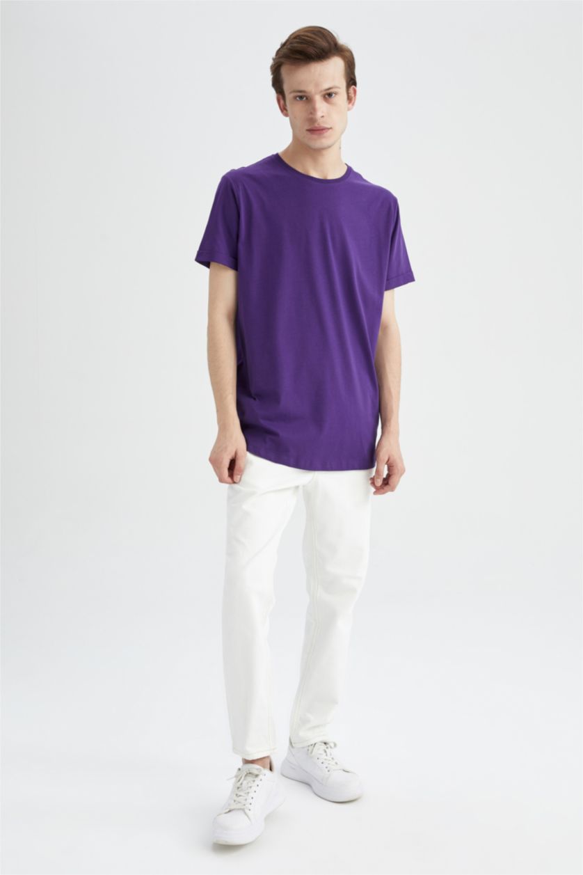 HOMME Violet T-shirt basique à manches courtes et col rond coupe longue