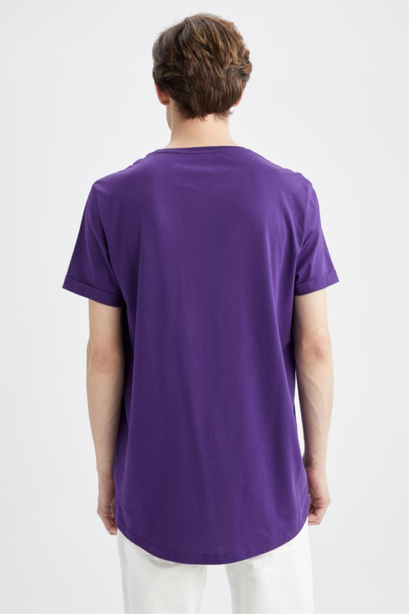 HOMME Violet T-shirt basique à manches courtes et col rond coupe longue