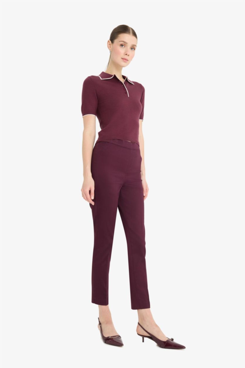 حريمي خمري بنطلون ستان سيجاريت برجل ضيقة وخصر مطاطي