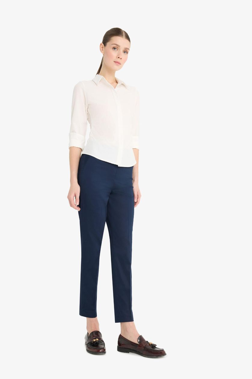 WOMAN NAVY Cigarette Fit Super Skinny Hem Satin Trousers