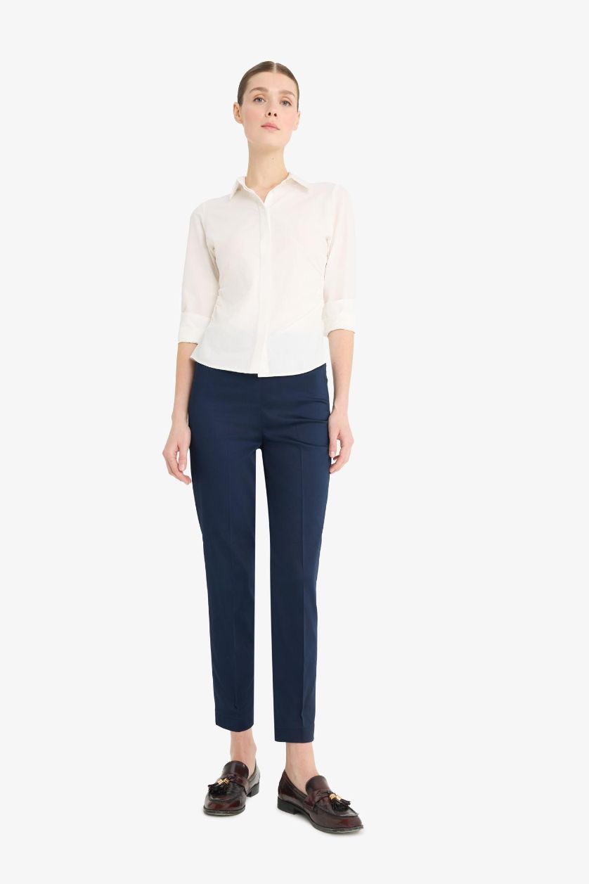 WOMAN NAVY Cigarette Fit Super Skinny Hem Satin Trousers