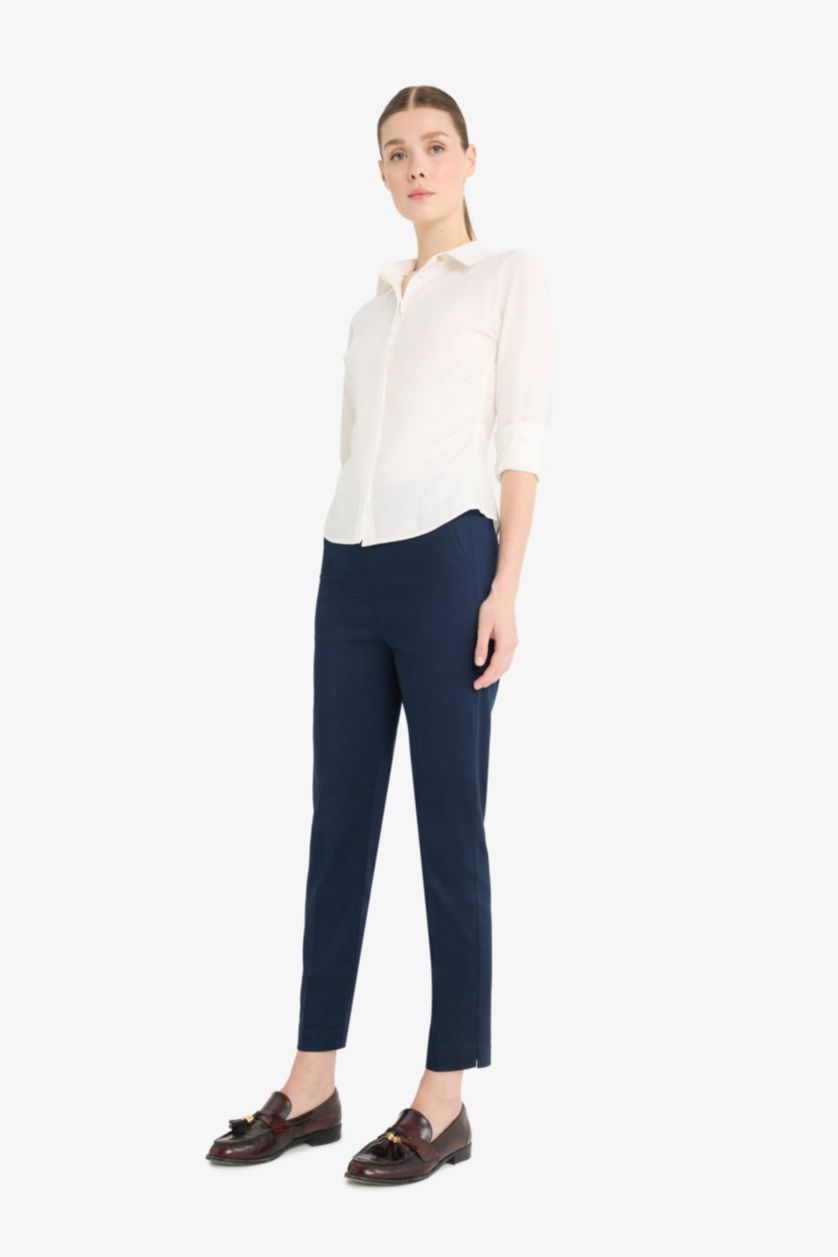 WOMAN NAVY Cigarette Fit Super Skinny Hem Satin Trousers