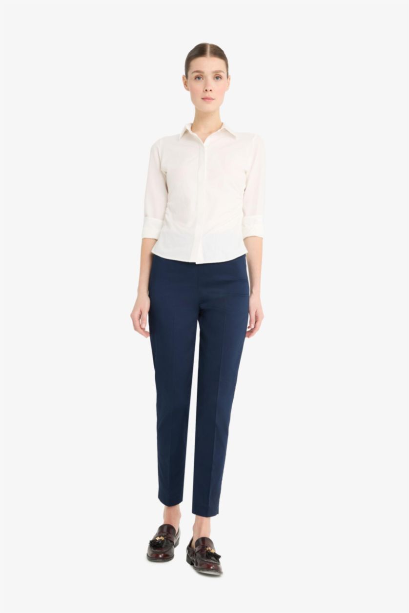 WOMAN NAVY Cigarette Fit Super Skinny Hem Satin Trousers