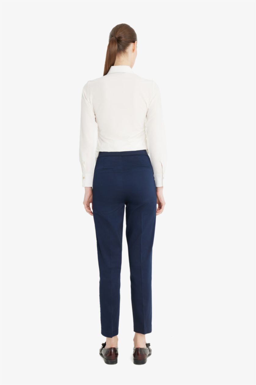 WOMAN NAVY Cigarette Fit Super Skinny Hem Satin Trousers