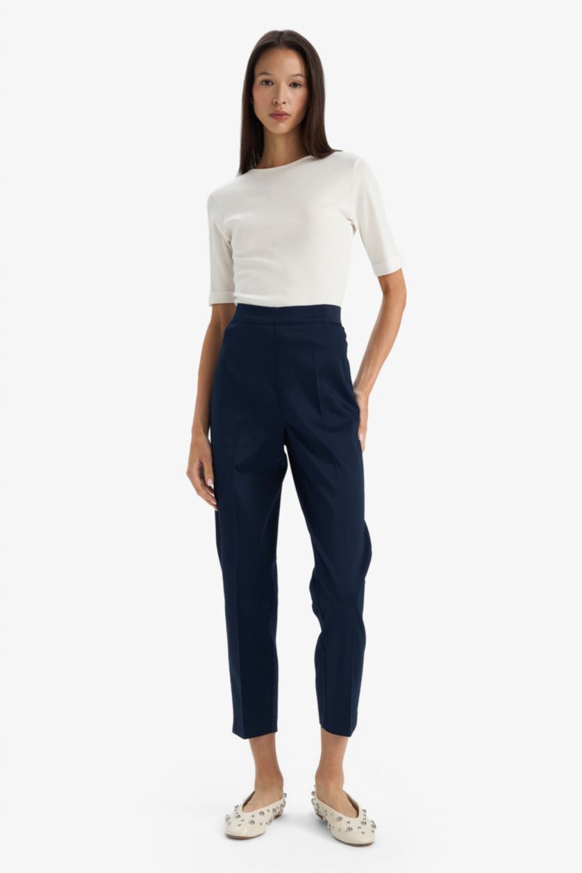 WOMAN NAVY Cigarette Elastic Waist Slim Leg Satin Trousers