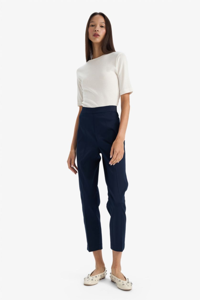 WOMAN NAVY Cigarette Elastic Waist Slim Leg Satin Trousers