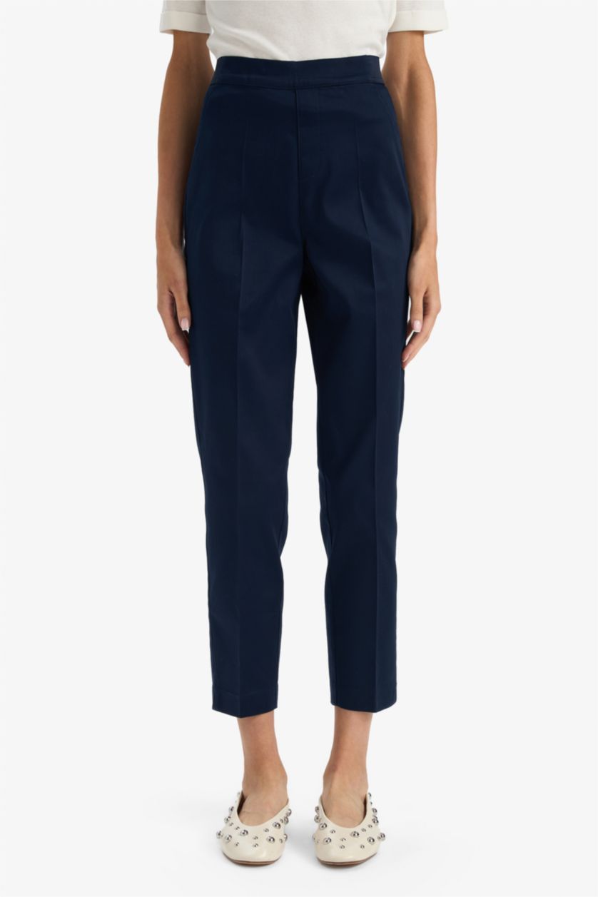 WOMAN NAVY Cigarette Elastic Waist Slim Leg Satin Trousers