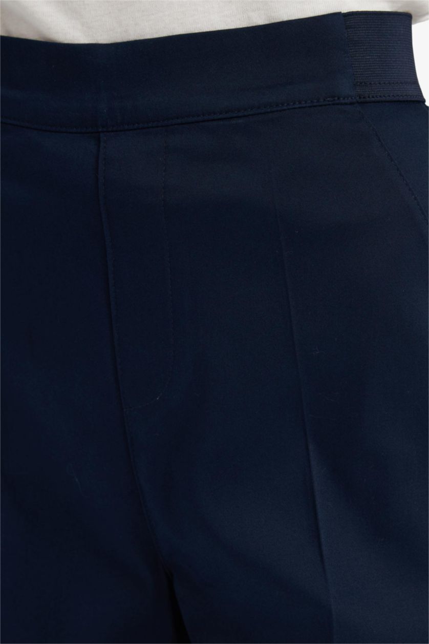 WOMAN NAVY Cigarette Elastic Waist Slim Leg Satin Trousers