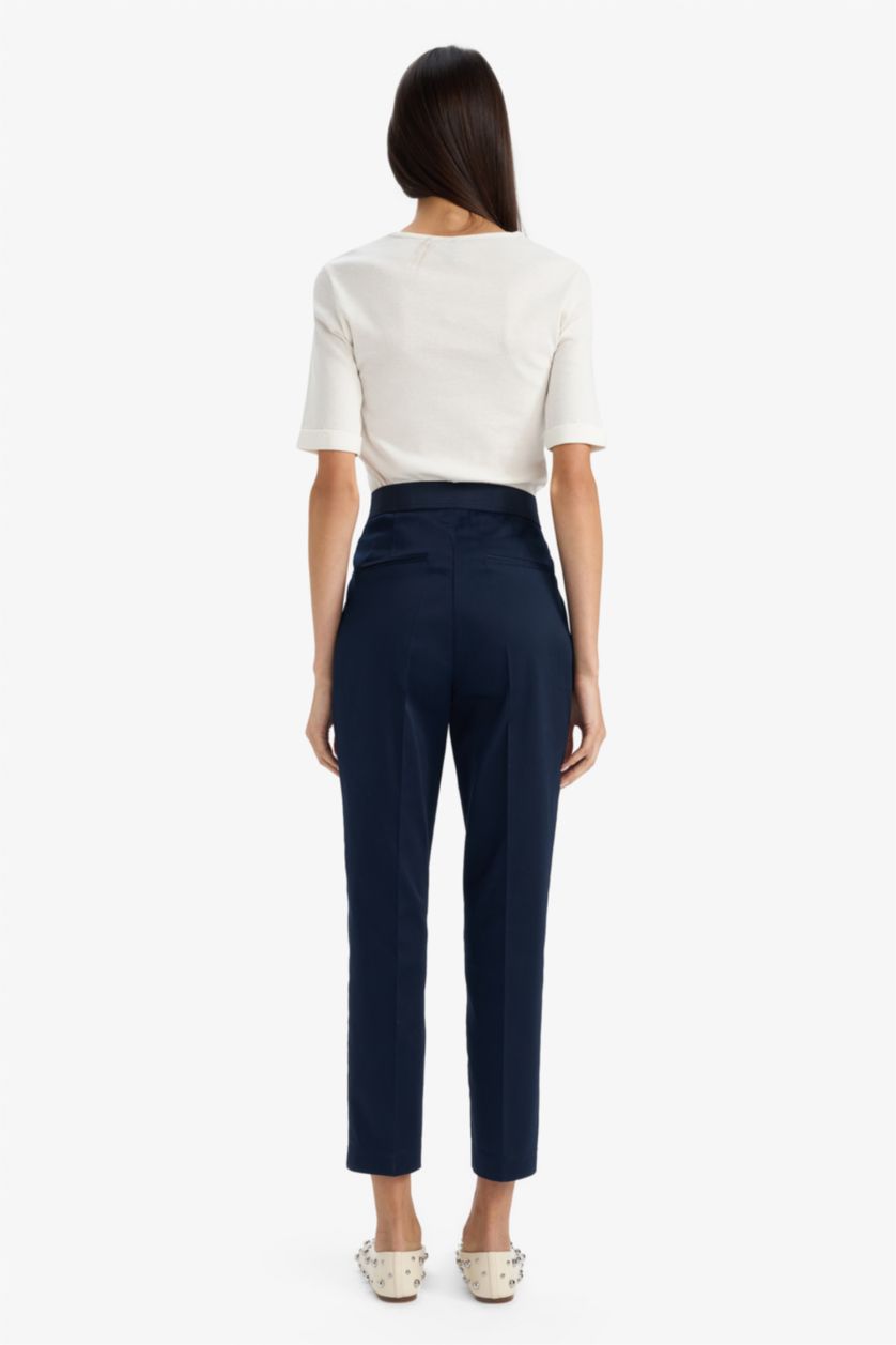 WOMAN NAVY Cigarette Elastic Waist Slim Leg Satin Trousers