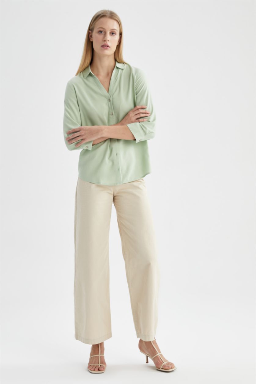 FEMME Bleu Chemise à manches longues et col rond coupe classique