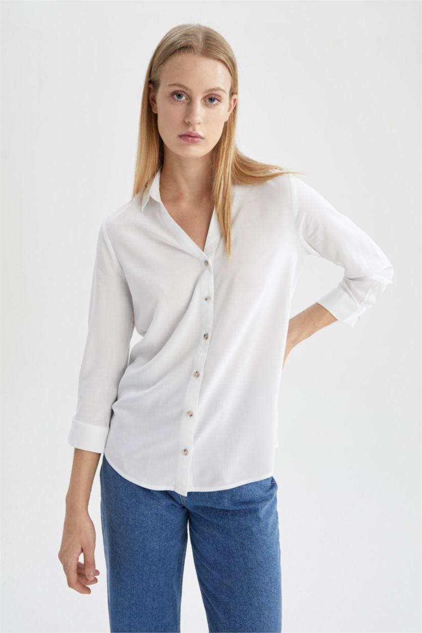 FEMME Blanc Chemise à manches longues et col rond coupe classique