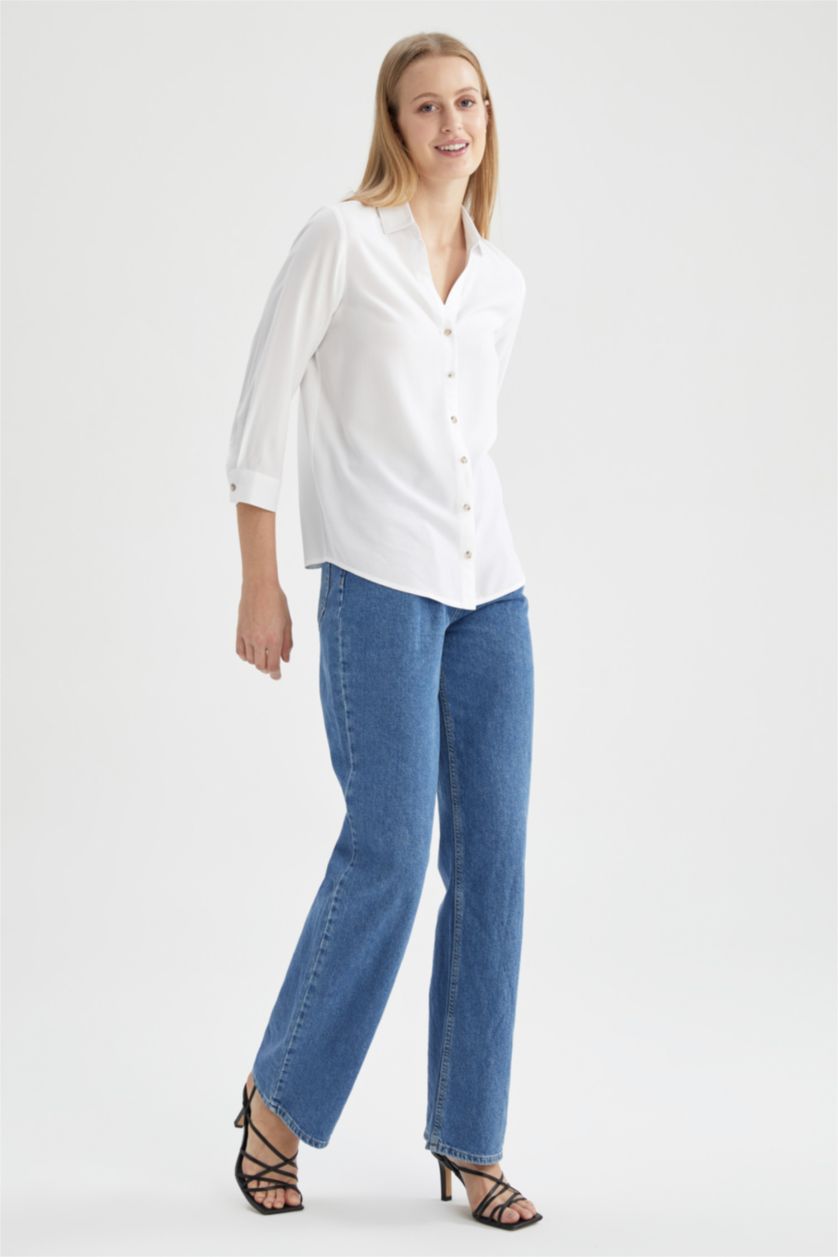 FEMME Blanc Chemise à manches longues et col rond coupe classique