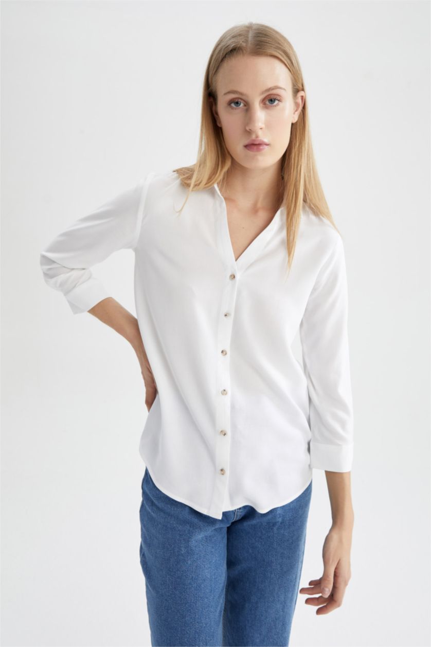 FEMME Blanc Chemise à manches longues et col rond coupe classique