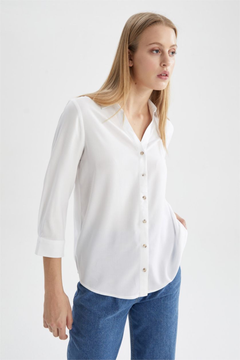 FEMME Blanc Chemise à manches longues et col rond coupe classique