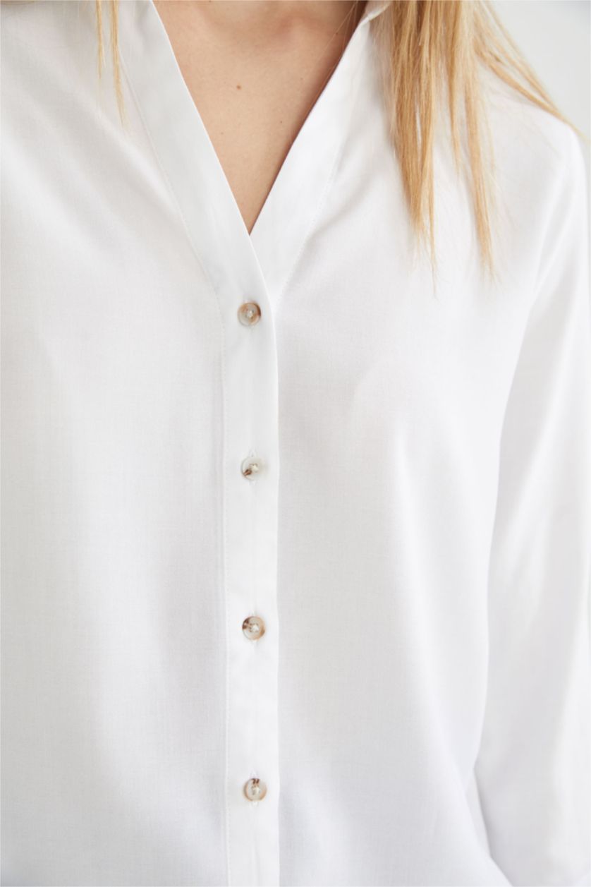 FEMME Blanc Chemise à manches longues et col rond coupe classique