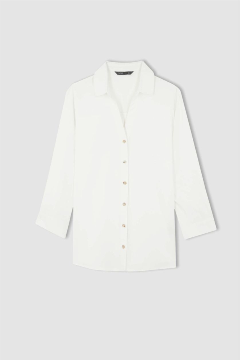 FEMME Blanc Chemise à manches longues et col rond coupe classique