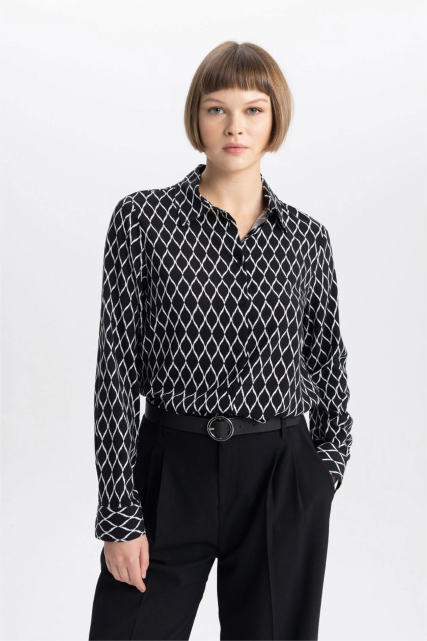 FEMME Noir Chemise Coupe Régulière à Col Boutonné Et Texture Manches Longues