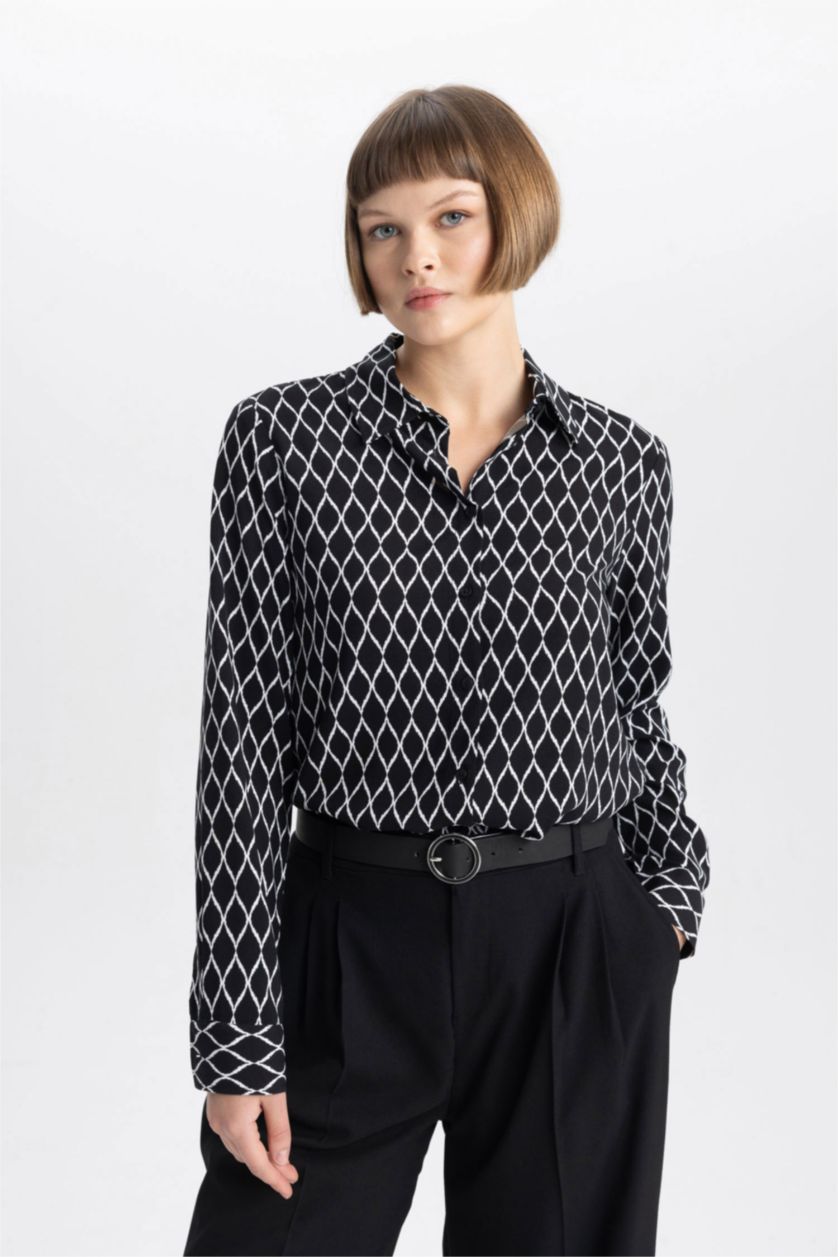 FEMME Noir Chemise Coupe Régulière à Col Boutonné Et Texture Manches Longues