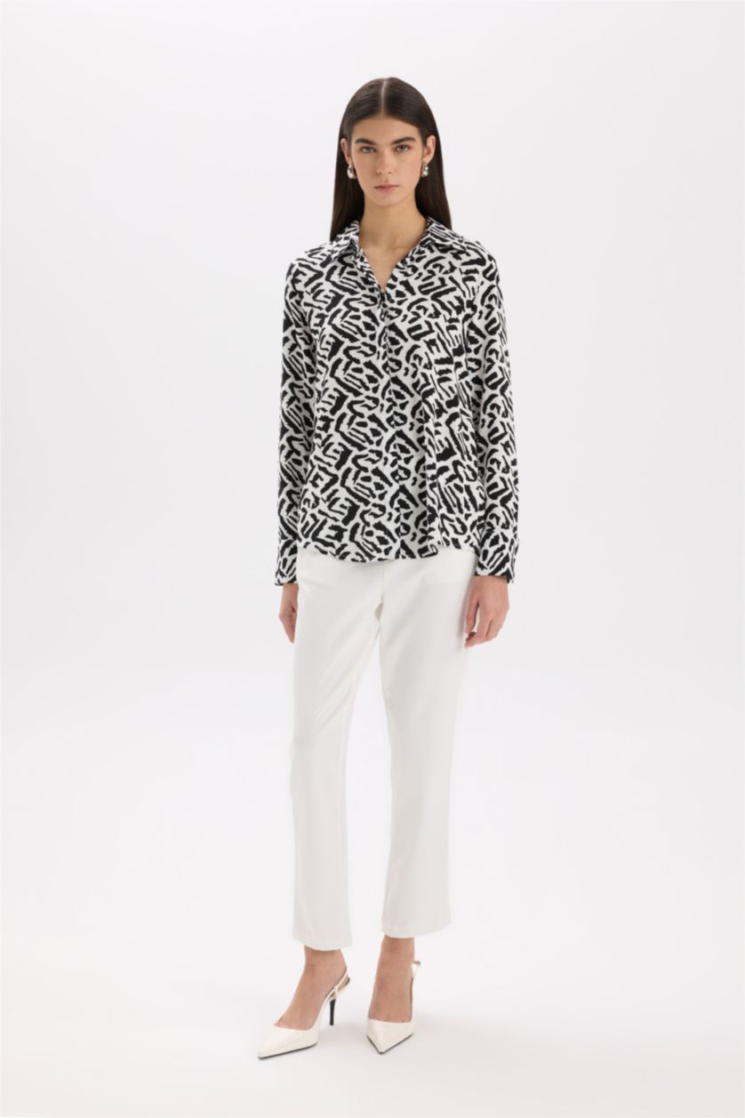 نساء كحلي قميص ردن طويل قصة عادية