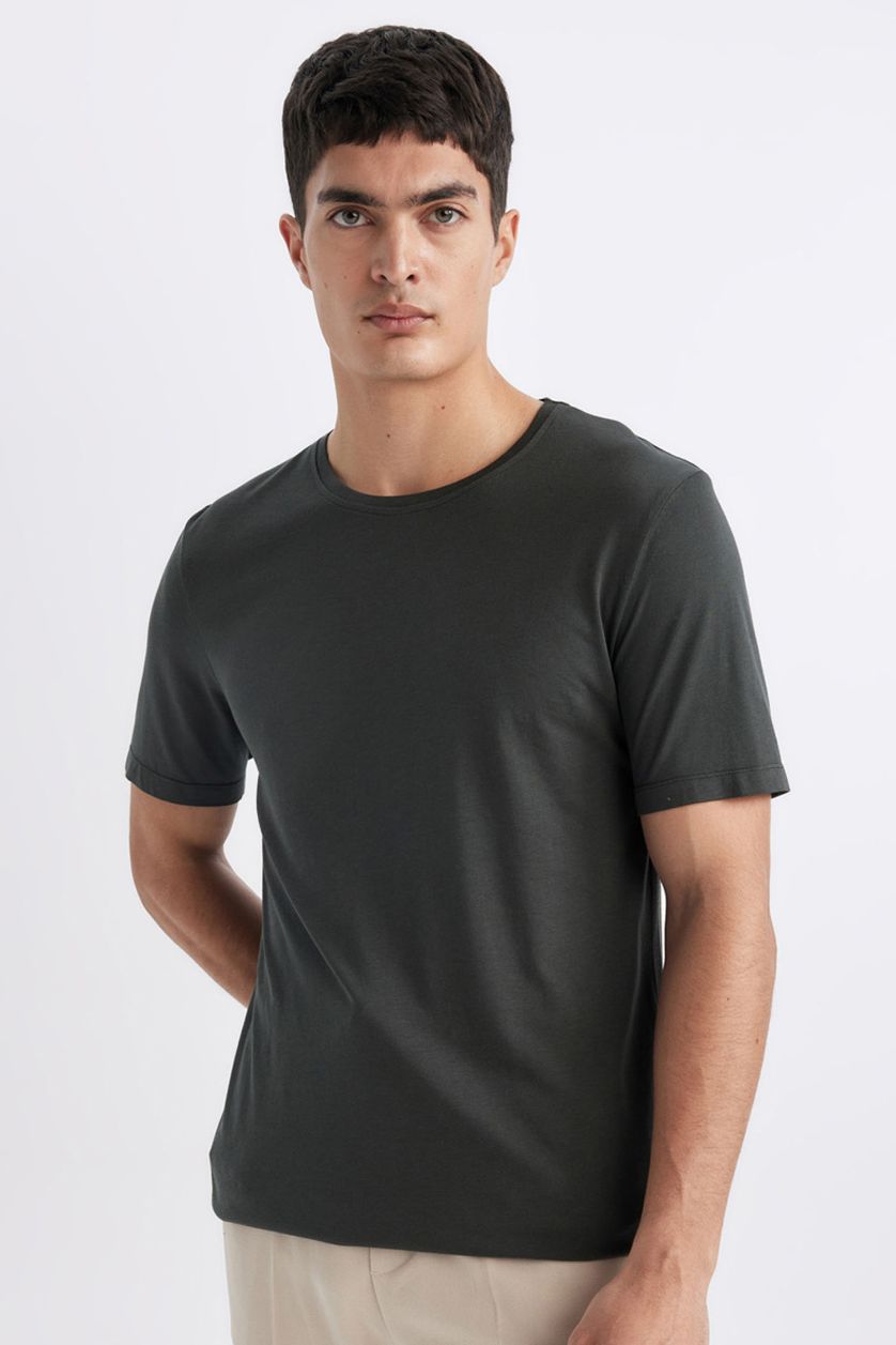 رجال أخضر تيشيرت بريميوم سليم فيت قطن بيزك بياخة مستديرة