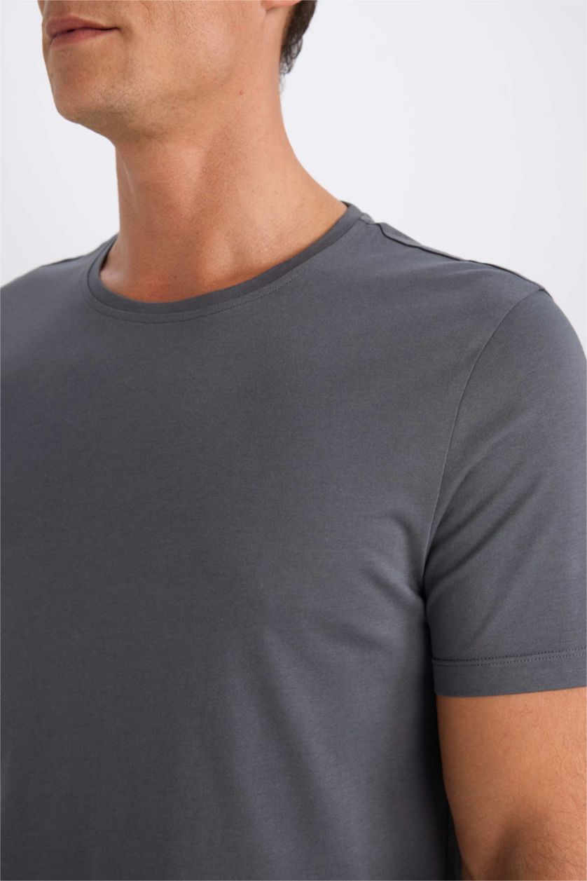 Erkek Antrasit Slim Fit Dar Kesim Bisiklet Yaka Modal Karışımlı Pamuklu Basic Düz Kısa Kollu Tişört