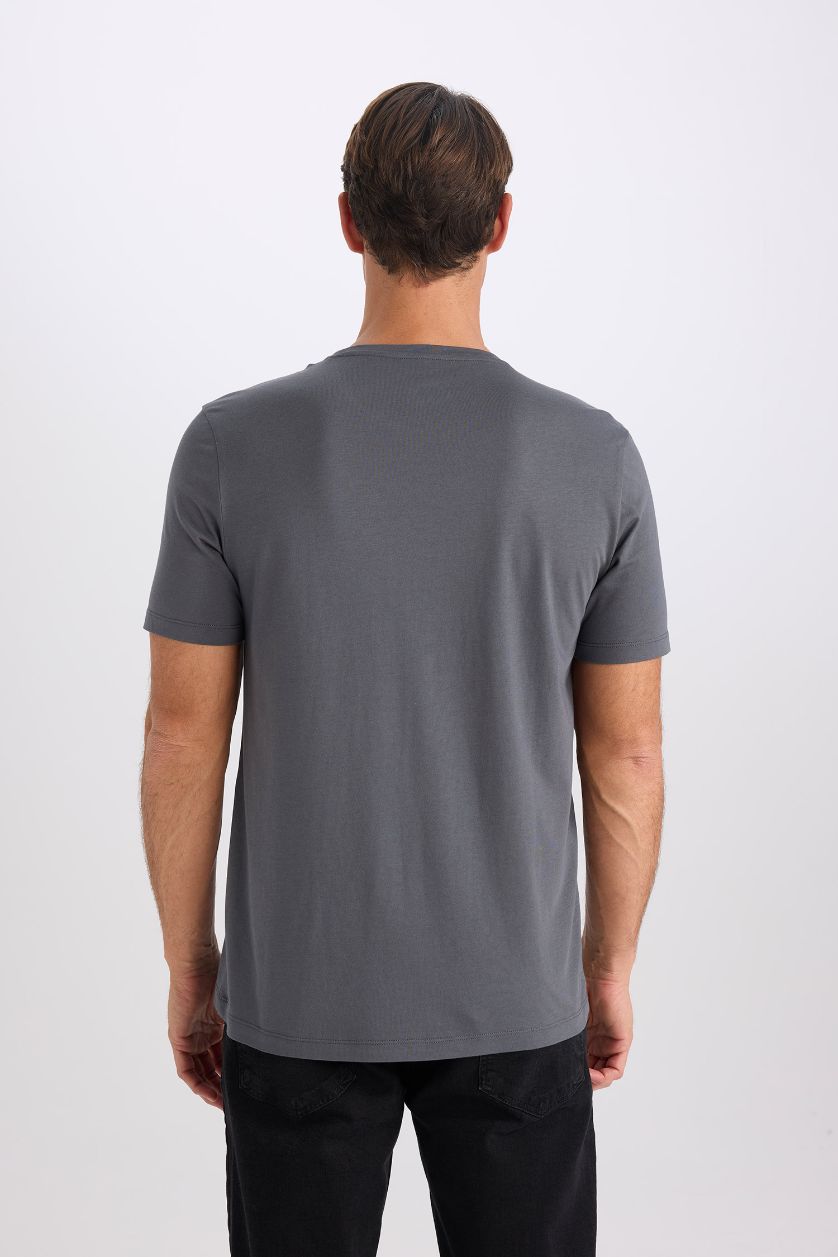 Erkek Antrasit Slim Fit Dar Kesim Bisiklet Yaka Modal Karışımlı Pamuklu Basic Düz Kısa Kollu Tişört