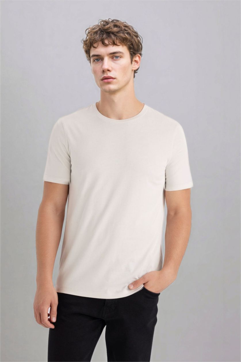 Erkek Açık Taş Slim Fit Dar Kesim Bisiklet Yaka Modal Karışımlı Pamuklu Basic Düz Kısa Kollu Tişört