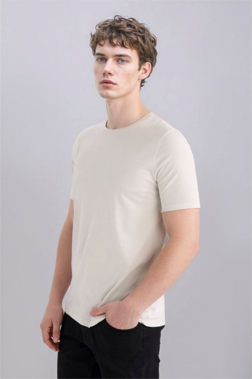 Erkek Açık Taş Slim Fit Dar Kesim Bisiklet Yaka Modal Karışımlı Pamuklu Basic Düz Kısa Kollu Tişört