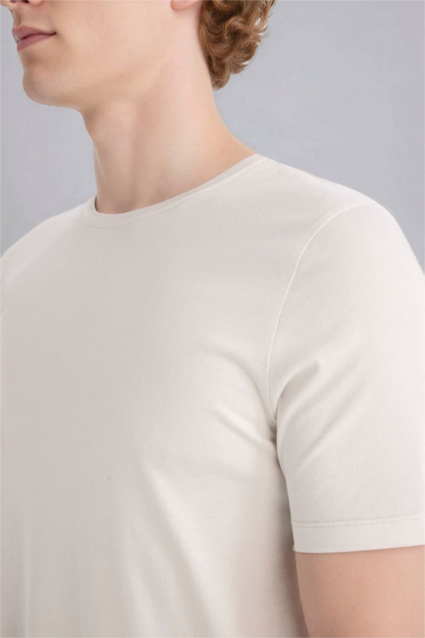 Erkek Açık Taş Slim Fit Dar Kesim Bisiklet Yaka Modal Karışımlı Pamuklu Basic Düz Kısa Kollu Tişört