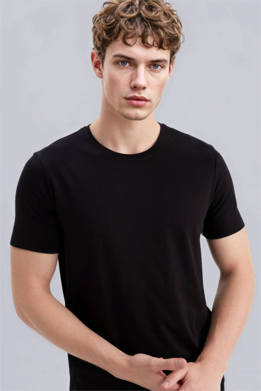 رجال أسود تيشيرت نص كم سليم فيت برقبة مستديرة