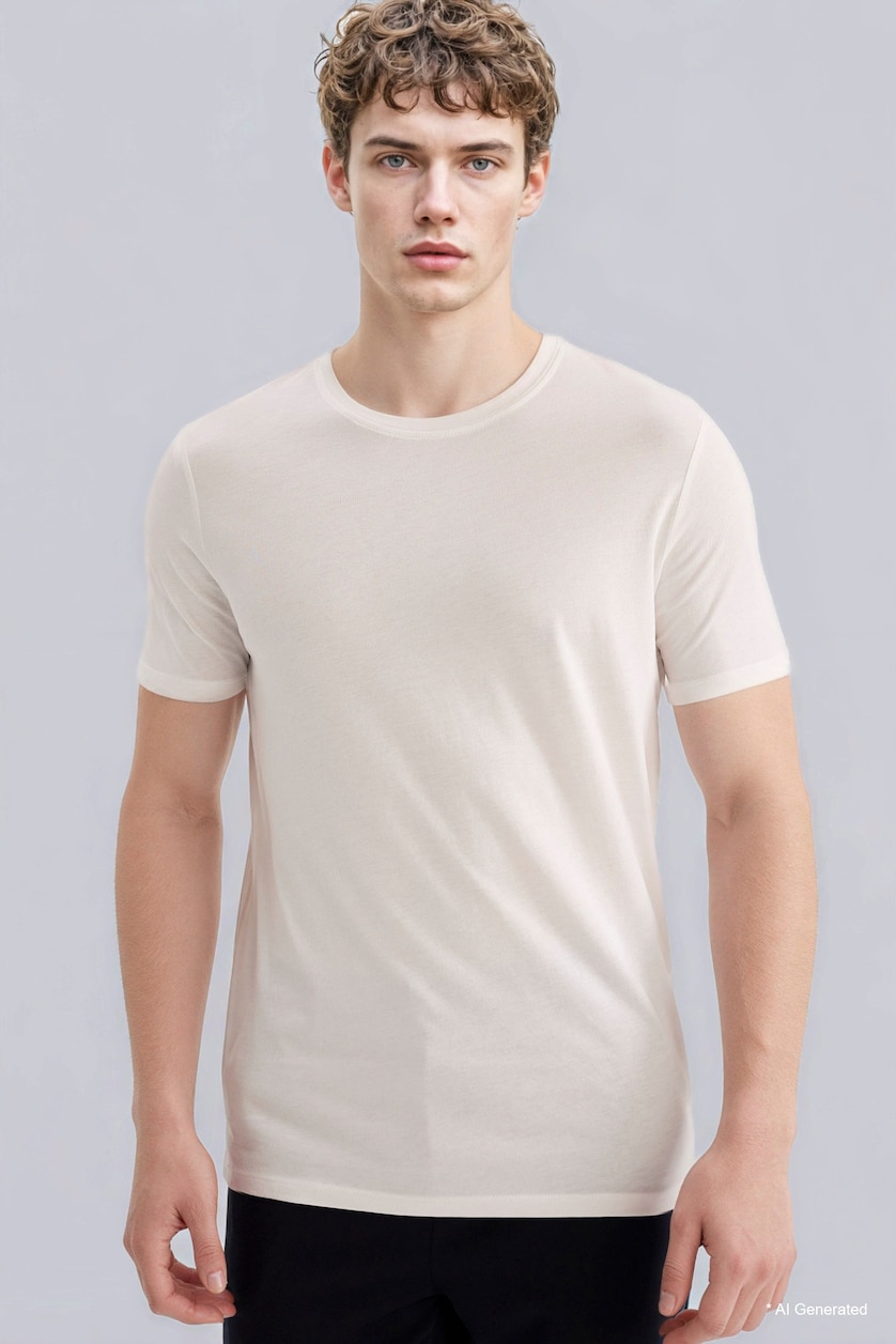 Erkek Beyaz Slim Fit Modal Pamuklu Basic Tişört