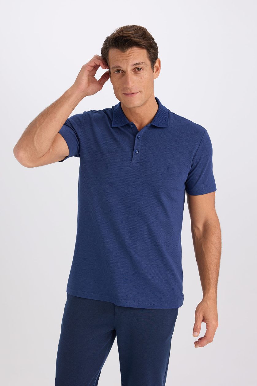 MAN Indigo Melange Slim Fit Short Sleeve Cotton Basic Polo Shirt
