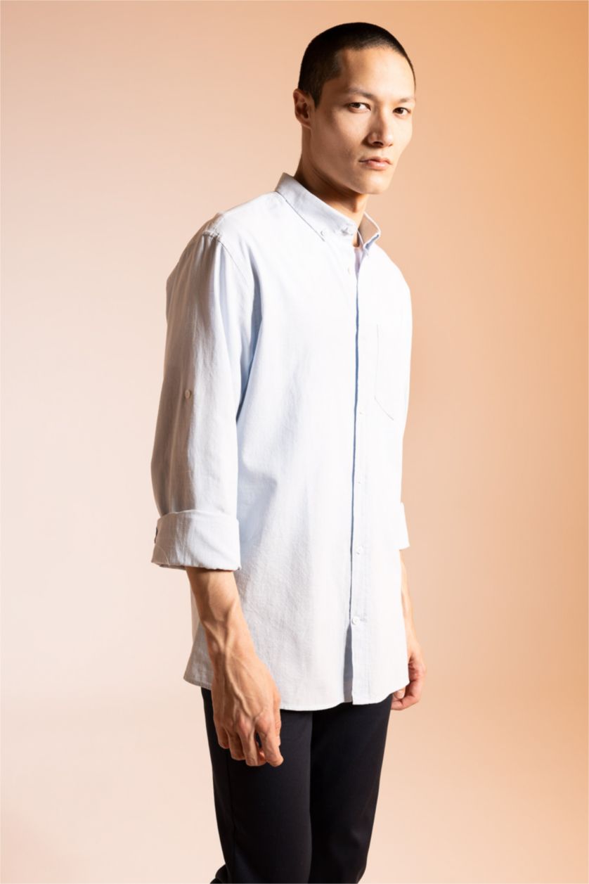 Ерлер Ашық Көк түймелі поло жағасы мақта Ұзын жеңді көйлек