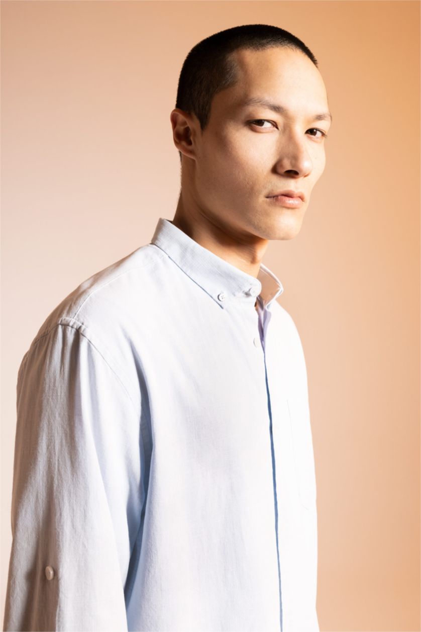 Ерлер Ашық Көк түймелі поло жағасы мақта Ұзын жеңді көйлек