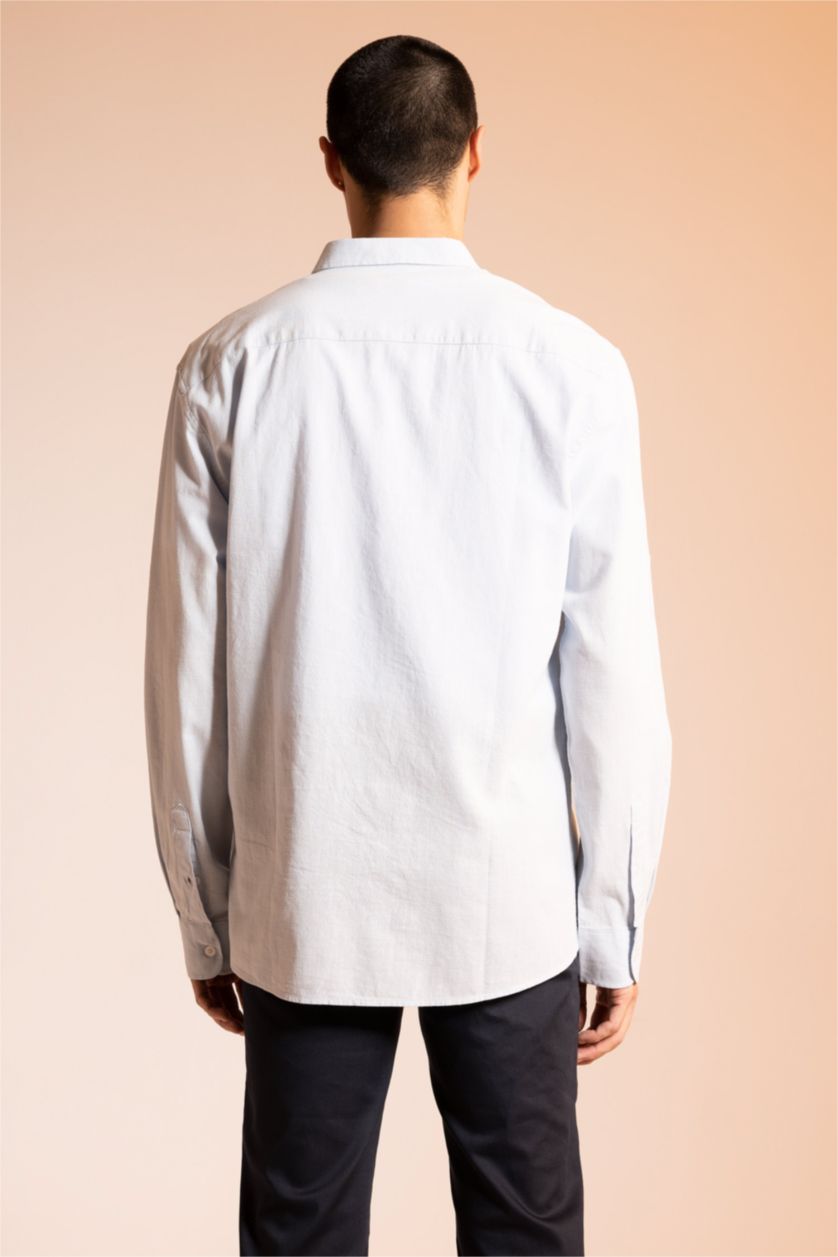 Ерлер Ашық Көк түймелі поло жағасы мақта Ұзын жеңді көйлек