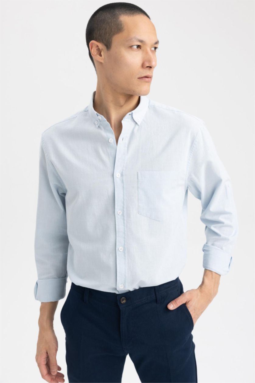 Ерлер Ашық Көк түймелі поло жағасы мақта Ұзын жеңді көйлек