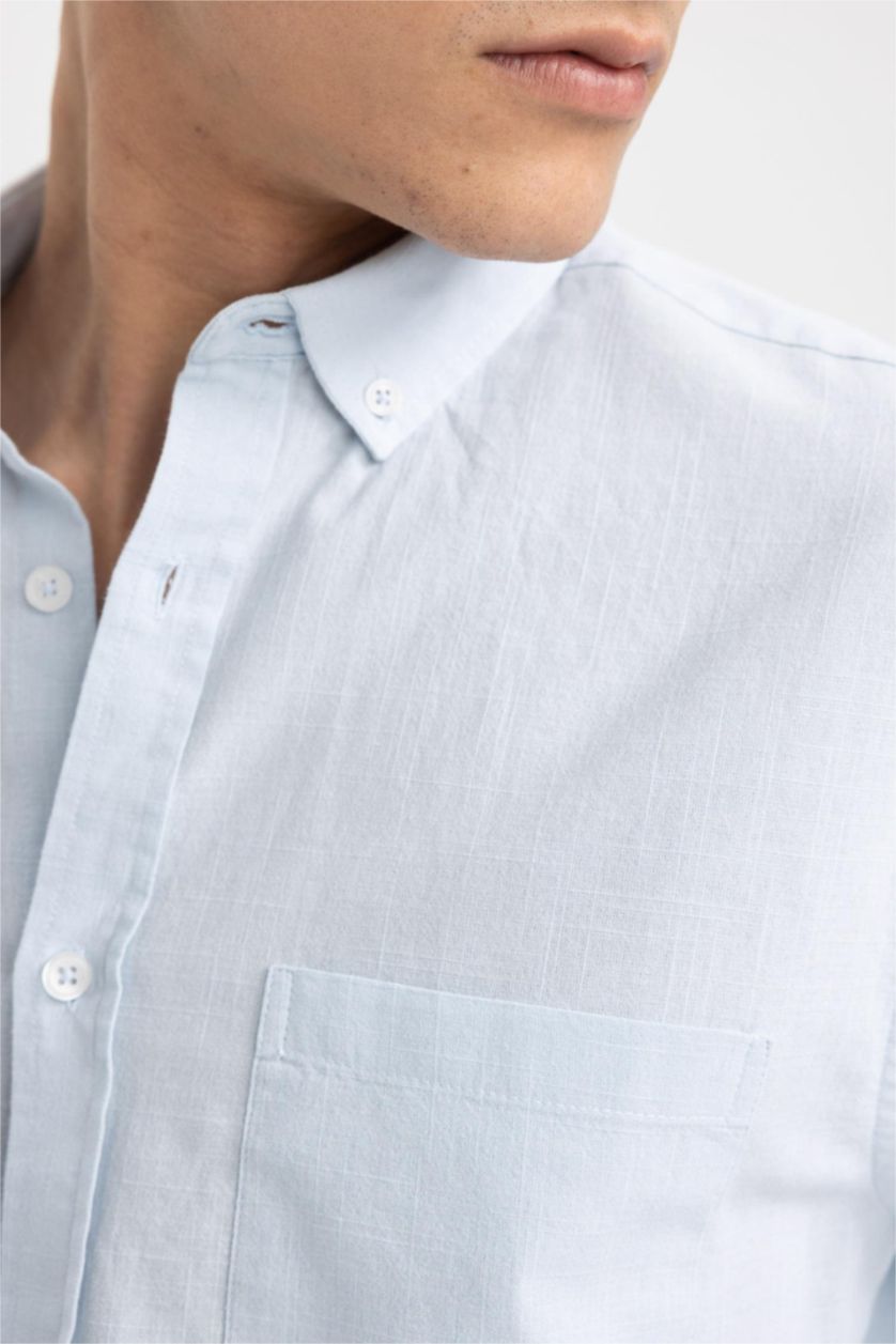 Ерлер Ашық Көк түймелі поло жағасы мақта Ұзын жеңді көйлек