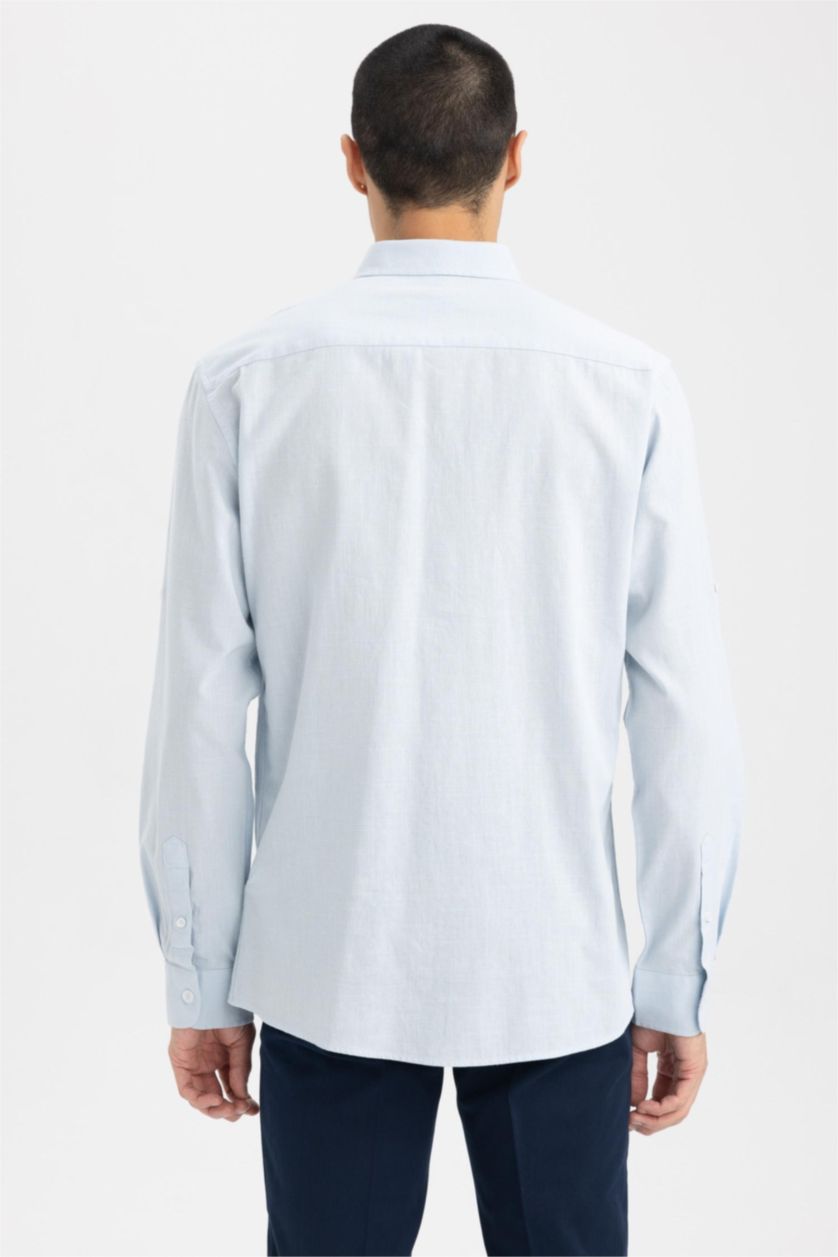 Ерлер Ашық Көк түймелі поло жағасы мақта Ұзын жеңді көйлек