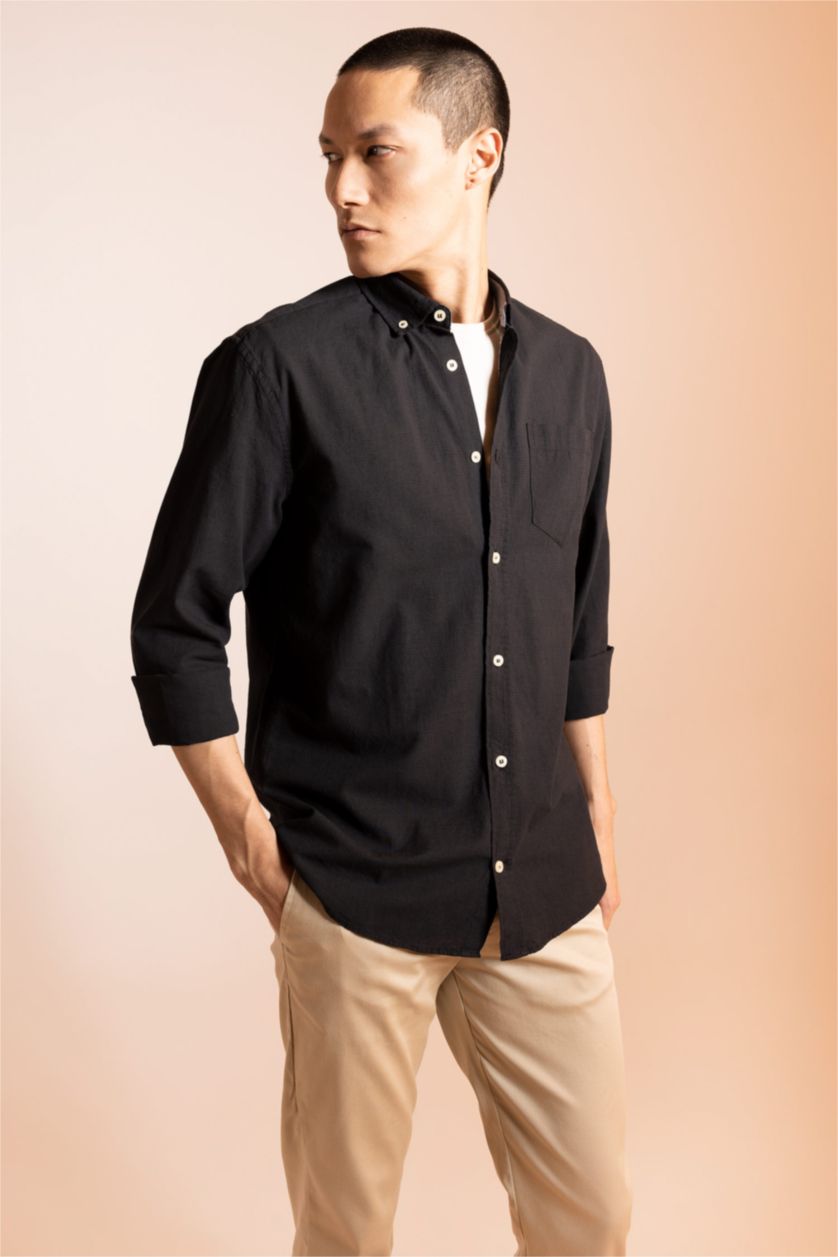 Ерлер қара түймелі поло жағасы мақта Ұзын жеңді көйлек