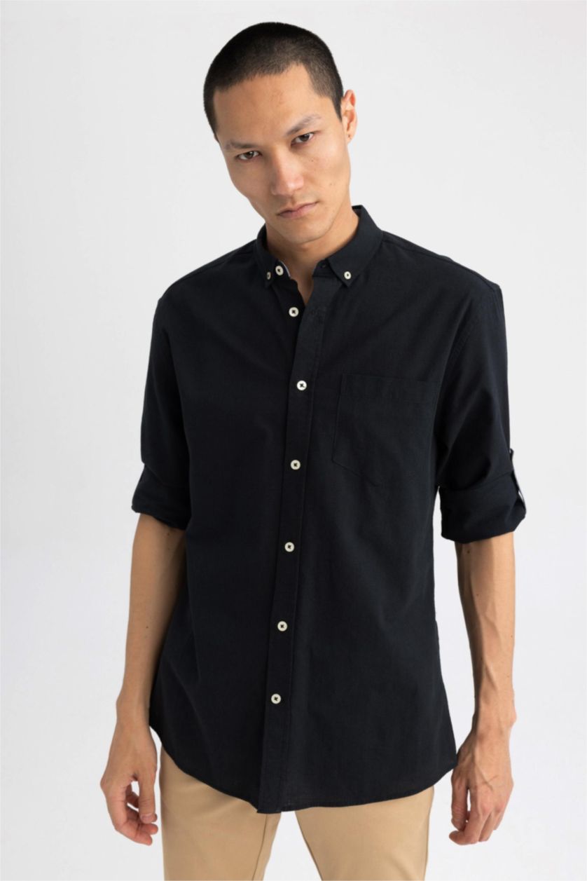 Ерлер қара түймелі поло жағасы мақта Ұзын жеңді көйлек