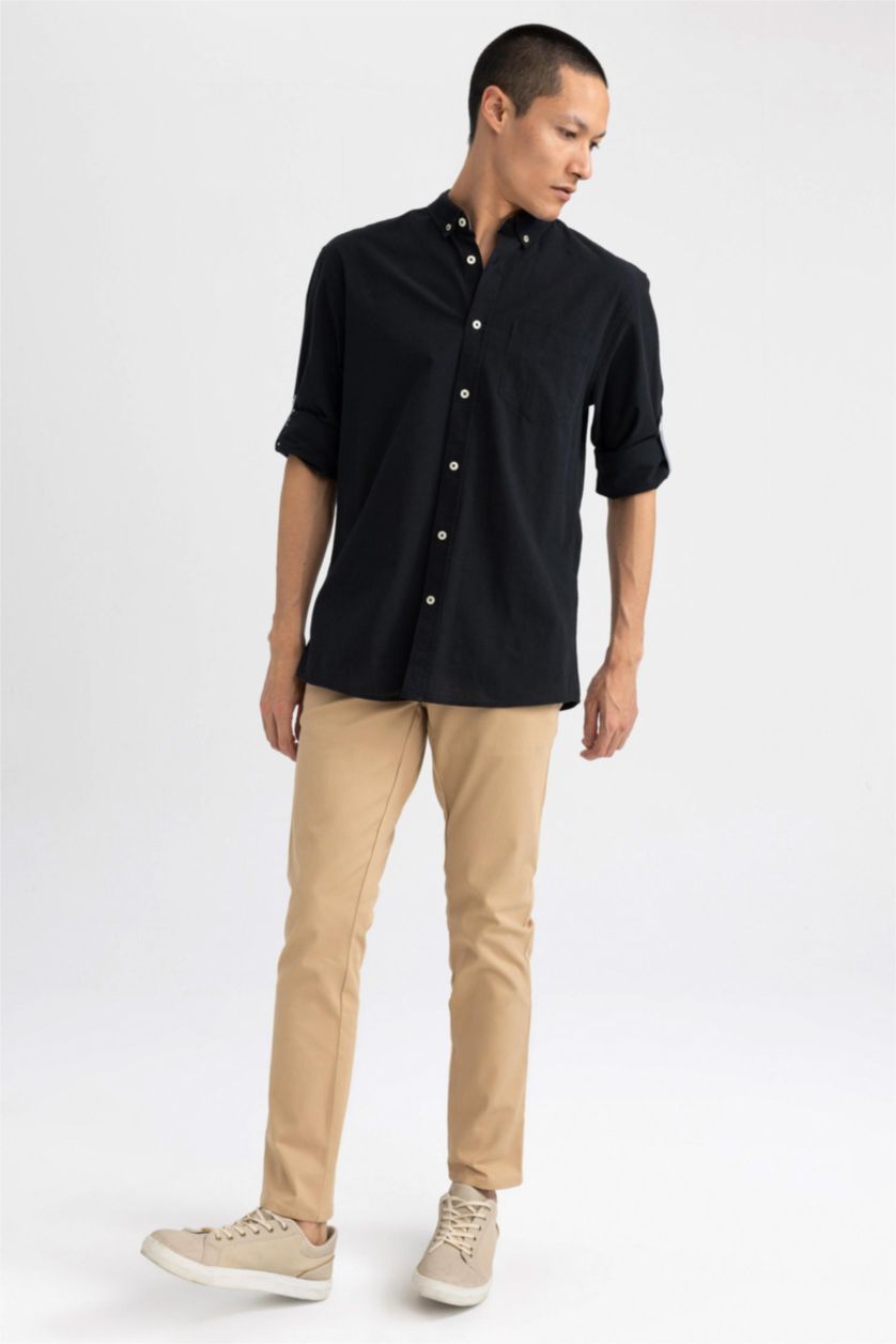 Ерлер қара түймелі поло жағасы мақта Ұзын жеңді көйлек