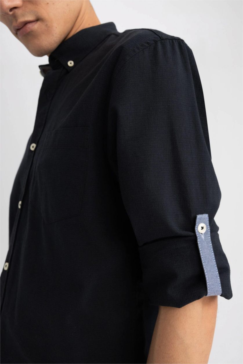 Ерлер қара түймелі поло жағасы мақта Ұзын жеңді көйлек