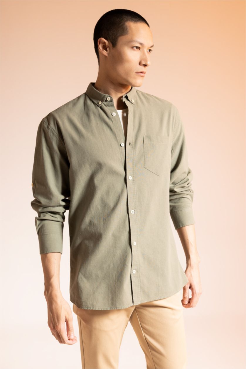 Ерлер хаки түймелі поло жағасы мақта Ұзын жеңді көйлек