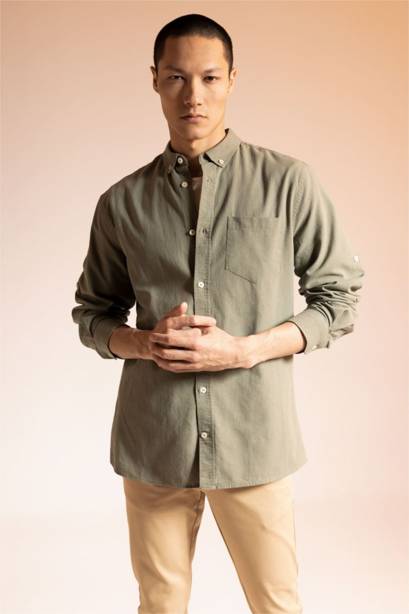 Ерлер хаки түймелі поло жағасы мақта Ұзын жеңді көйлек