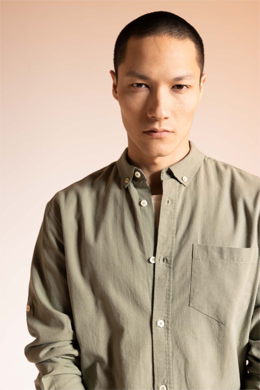 Ерлер хаки түймелі поло жағасы мақта Ұзын жеңді көйлек