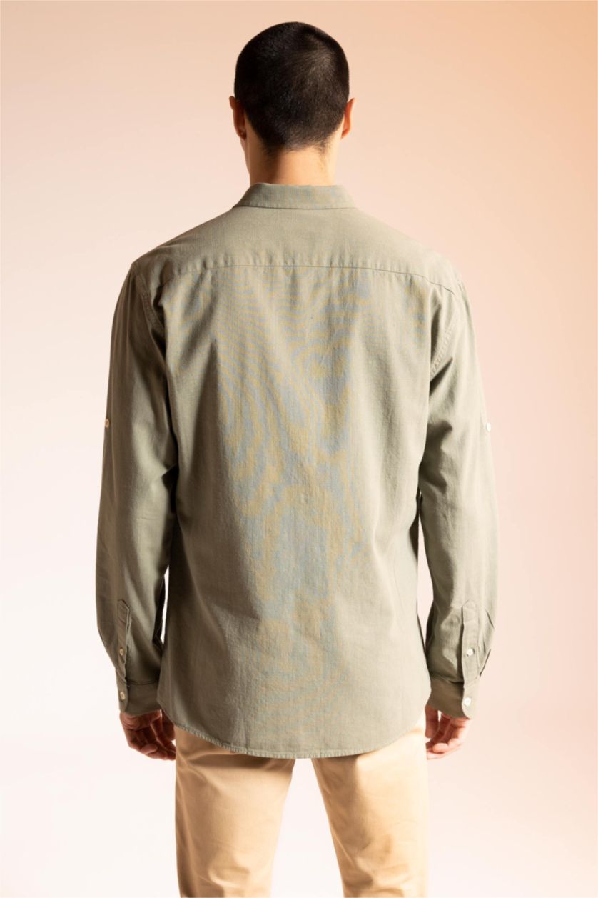 Ерлер хаки түймелі поло жағасы мақта Ұзын жеңді көйлек