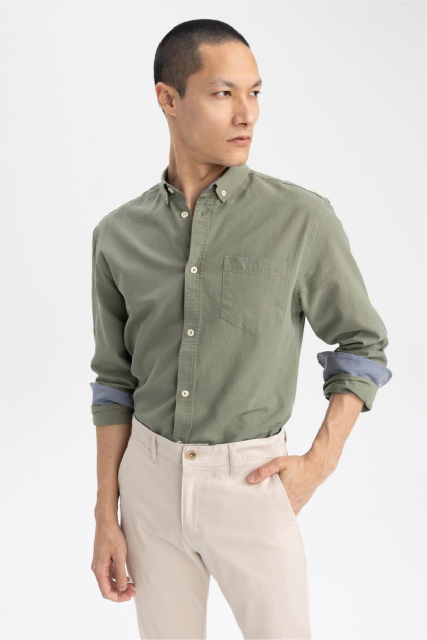 Ерлер хаки түймелі поло жағасы мақта Ұзын жеңді көйлек