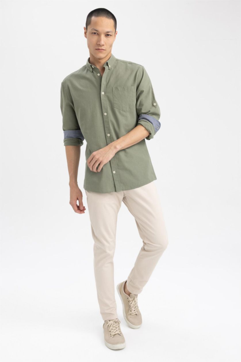 Ерлер хаки түймелі поло жағасы мақта Ұзын жеңді көйлек