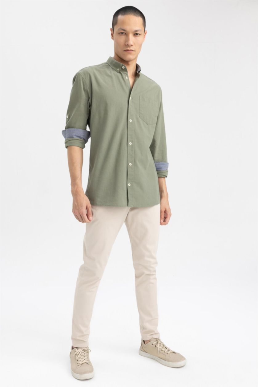 Ерлер хаки түймелі поло жағасы мақта Ұзын жеңді көйлек