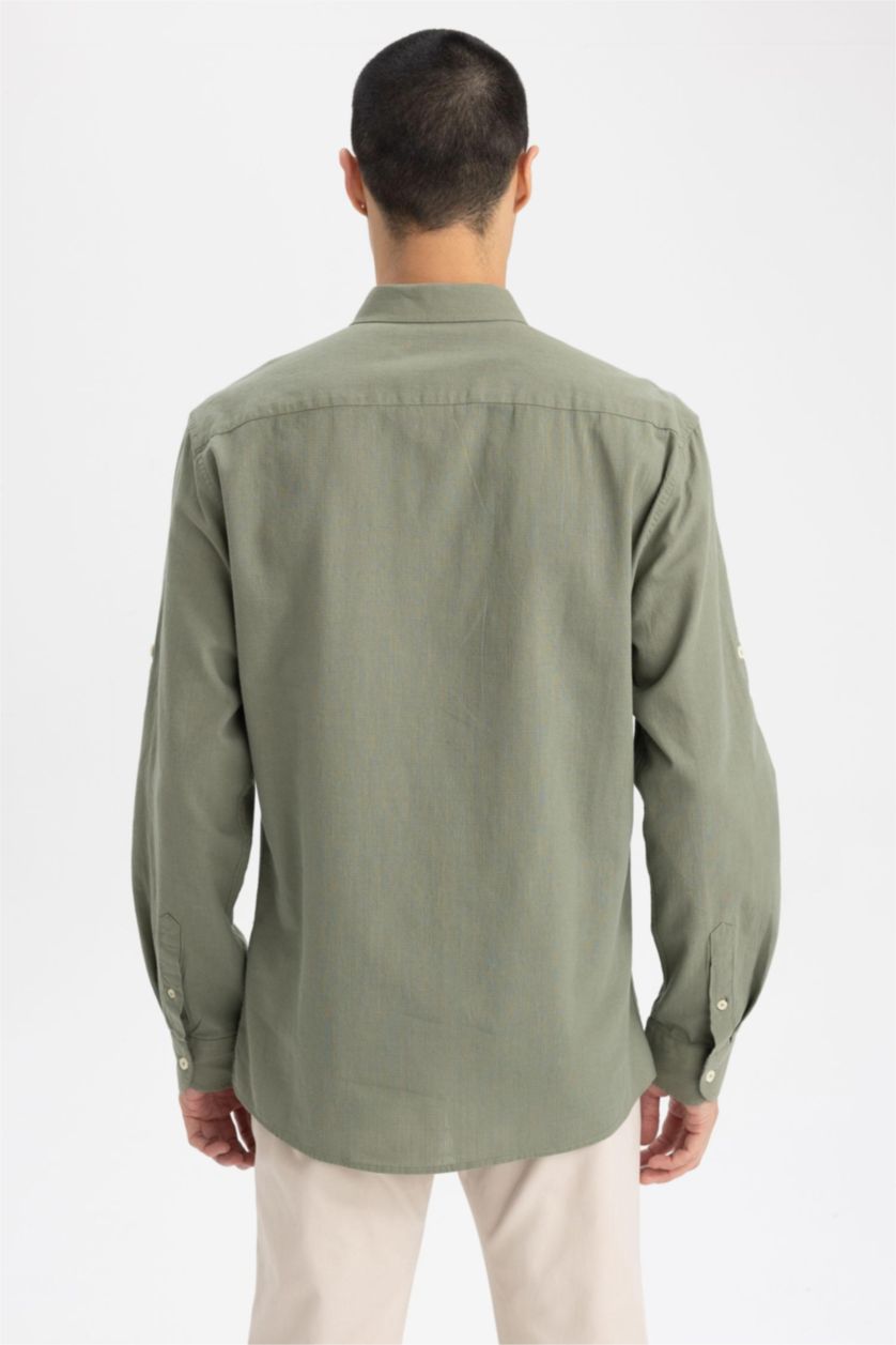 Ерлер хаки түймелі поло жағасы мақта Ұзын жеңді көйлек